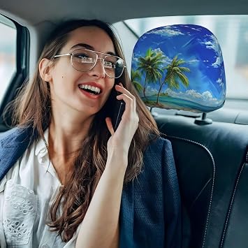 2PCS Car Headrest Cover Palm Tree On Beach Auto Seat Headrest Cover Auto Headrest Protector Decoration Green Leaf Blue Sky Car Accessories Tropical Botanical Coastal Headrest Wrap Cover