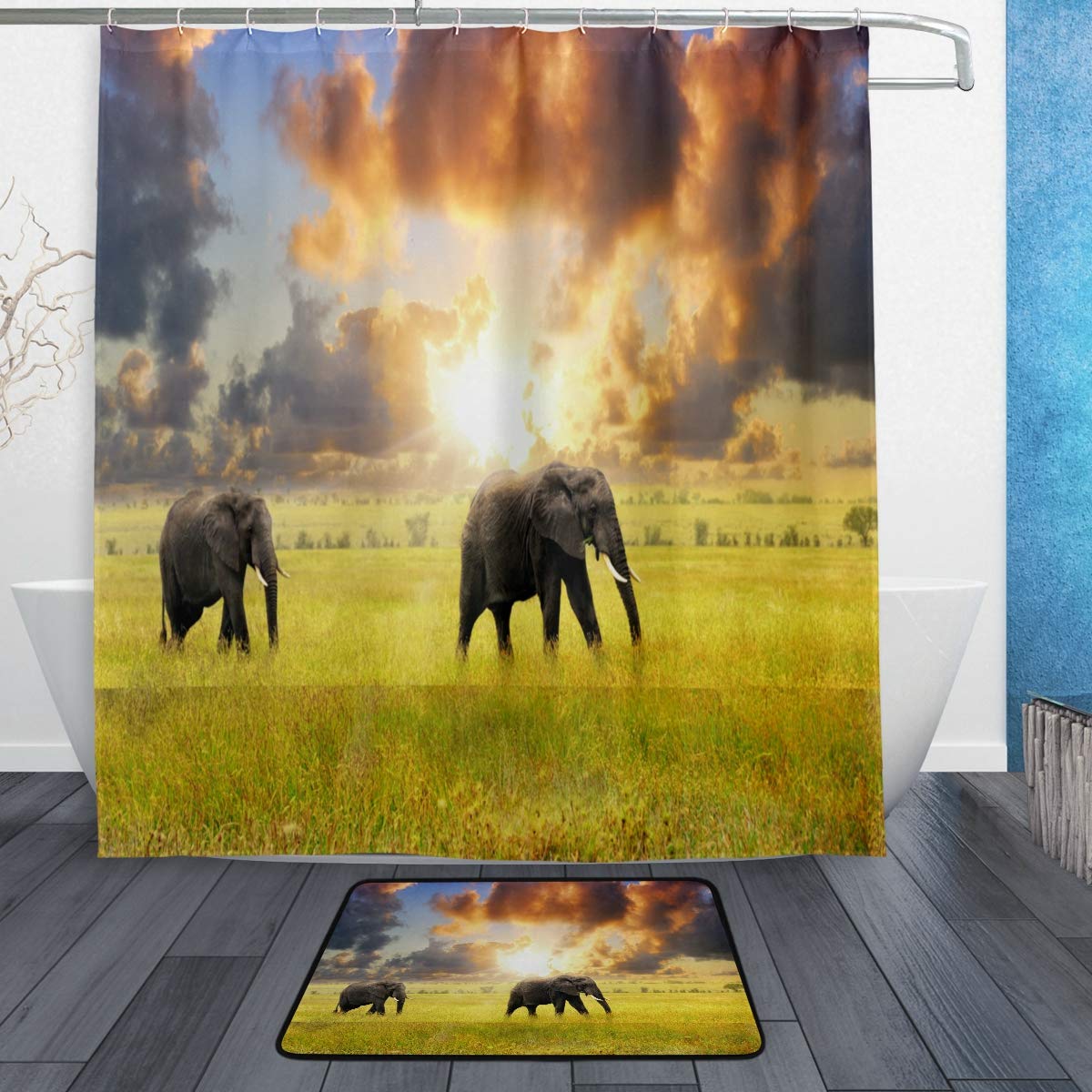 Lot de 2 tapis de bain BKEOY en tissu polyester antidérapant Motif éléphant couchant de soleil Tapis de bain lavable intérieur Décoration de la maison