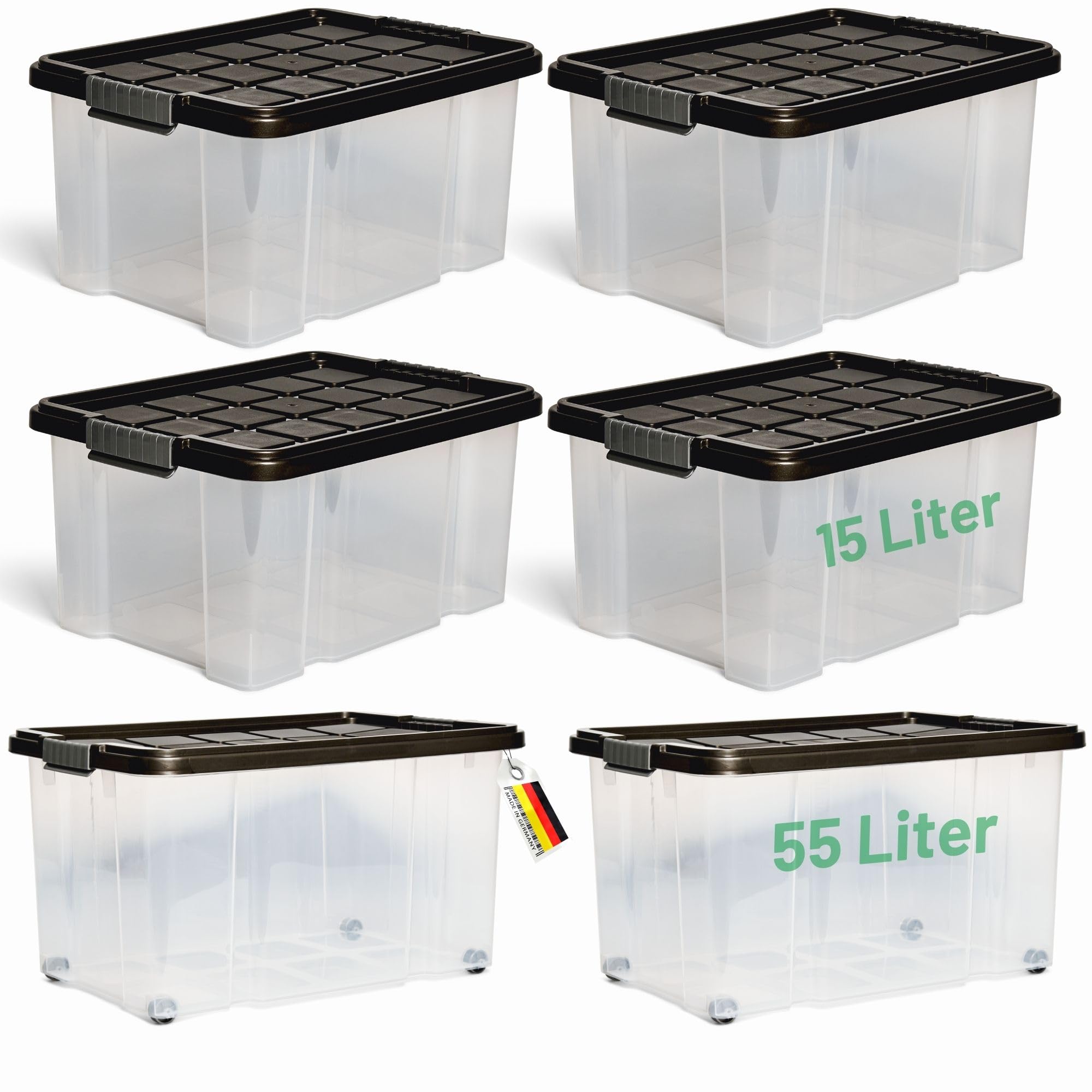 Novaliv - Confezione da 5 scatole portaoggetti con coperchio, colore: Antracite, 2 x 55 L + 4 x 15 L impilabili con chiusura a clip, senza BPA