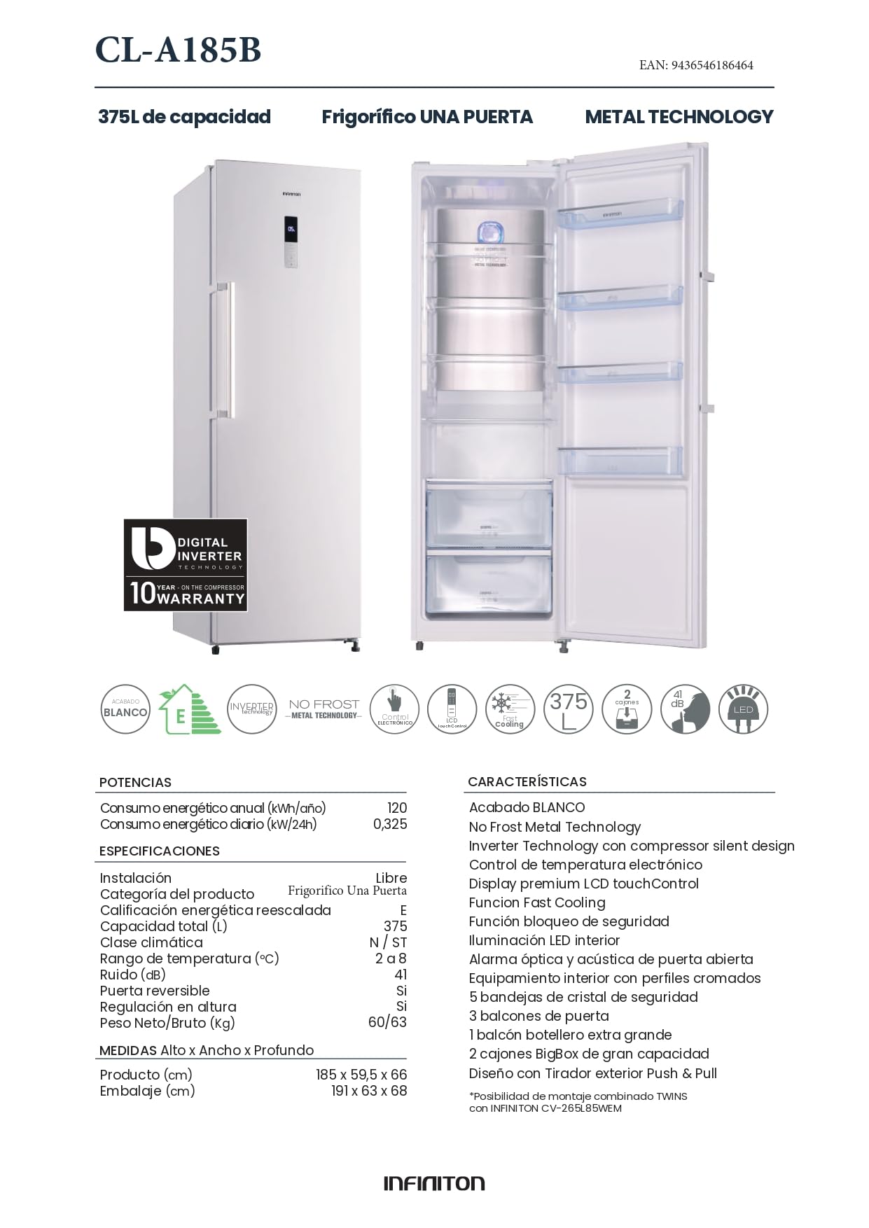 INFINITON Frigorifico Una Puerta CL-A185B, 375 Litros, 185 cm de Altura, No Frost, Fast Cooling, Iluminación LED, E, Blanco