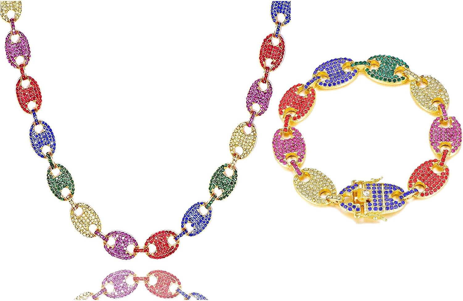 2 PCS Coffee Bean Chain Iced Out Miami Cuban Necklace Bracelet Diamond Multicolor Choker Necklace Bracelet for Men Women