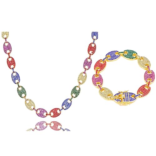  2 PCS Coffee Bean Chain Iced Out Miami Cuban Necklace 