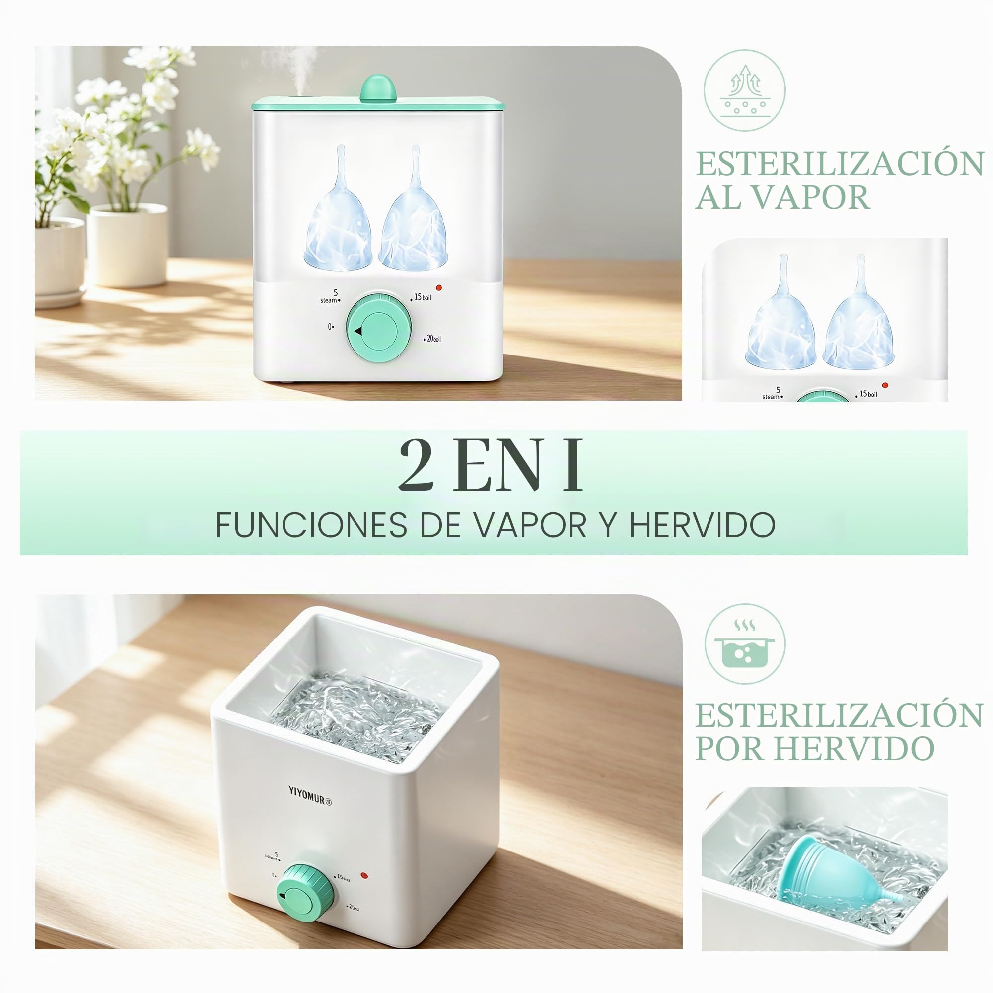 Esterilizador de copas menstruales con 2 copas menstruales reutilizables, kit de limpieza y lavado de copas menstruales, esterilización a vapor a alta temperatura con apagado automático para mujeres