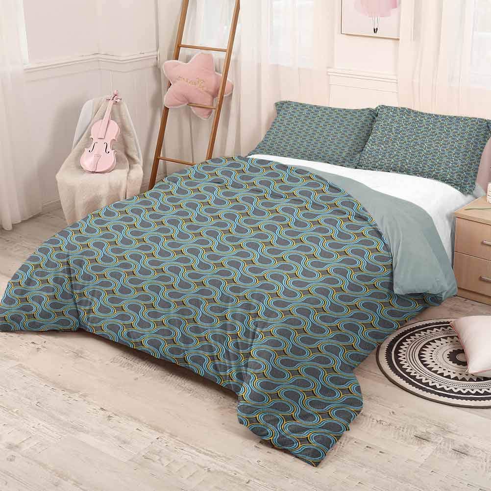 prunushome Modern Modern Duvet Cover SetGeometric Pattern with Twisted Tangled 3D Style Lines Curves and Waves Good Choice as a Gift Grey Marigold Pale Blue 104x90in/20x35inx2