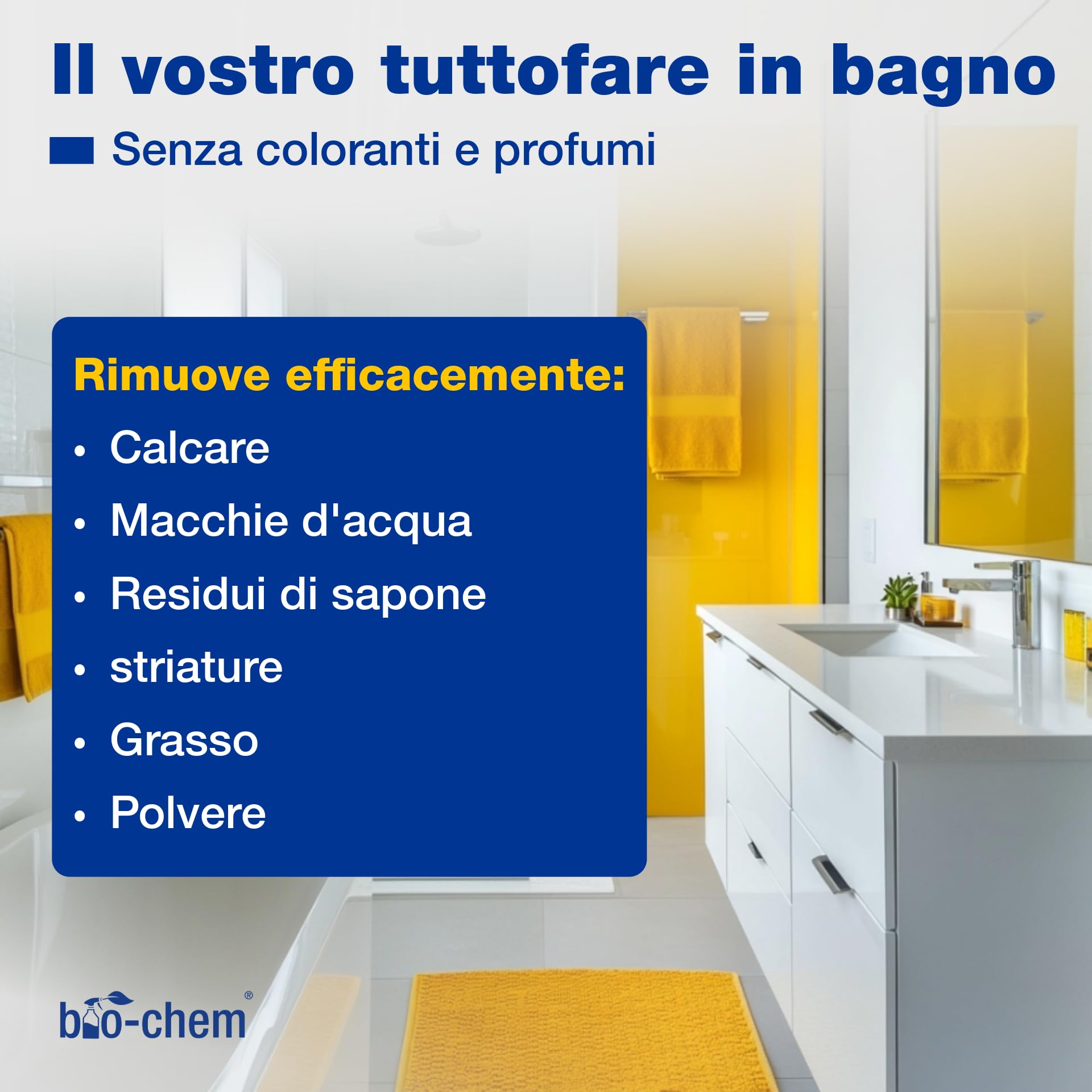 bio-chem Detergente per bagno e toilette anticalcare 5L | Prodotto per la pulizia di doccia, lavandino e WC - Detergente anticalcare e antimuffa per il bagno