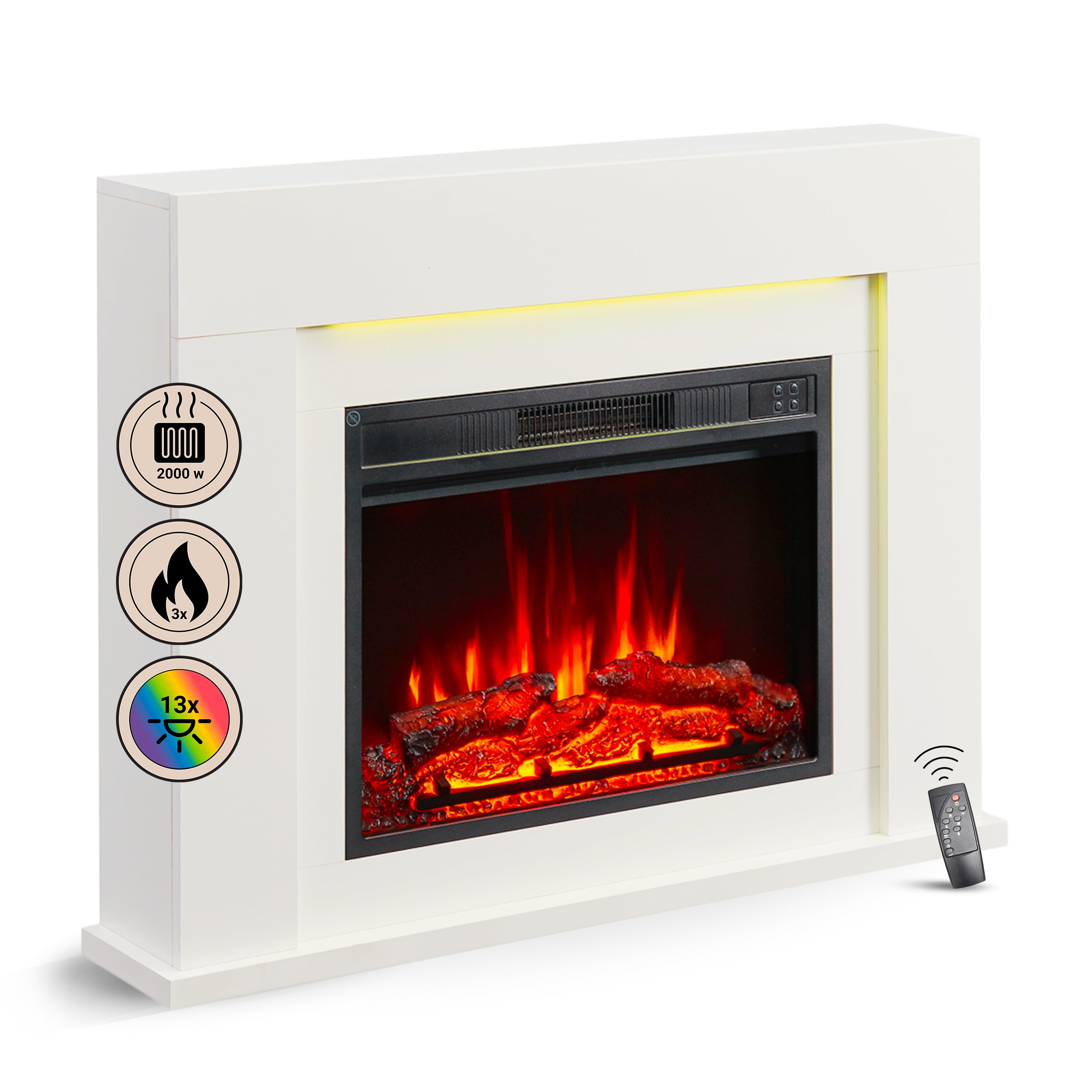 BALDERIA Finn Design Elektrokamin mit Heizung - Freistehender elektrischer Kamin, weiß, 3D-Flammeneffekt, LED-Ambientebeleuchtung, 2 kW Heizleistung, inkl. Fernbedienung & Montagematerial