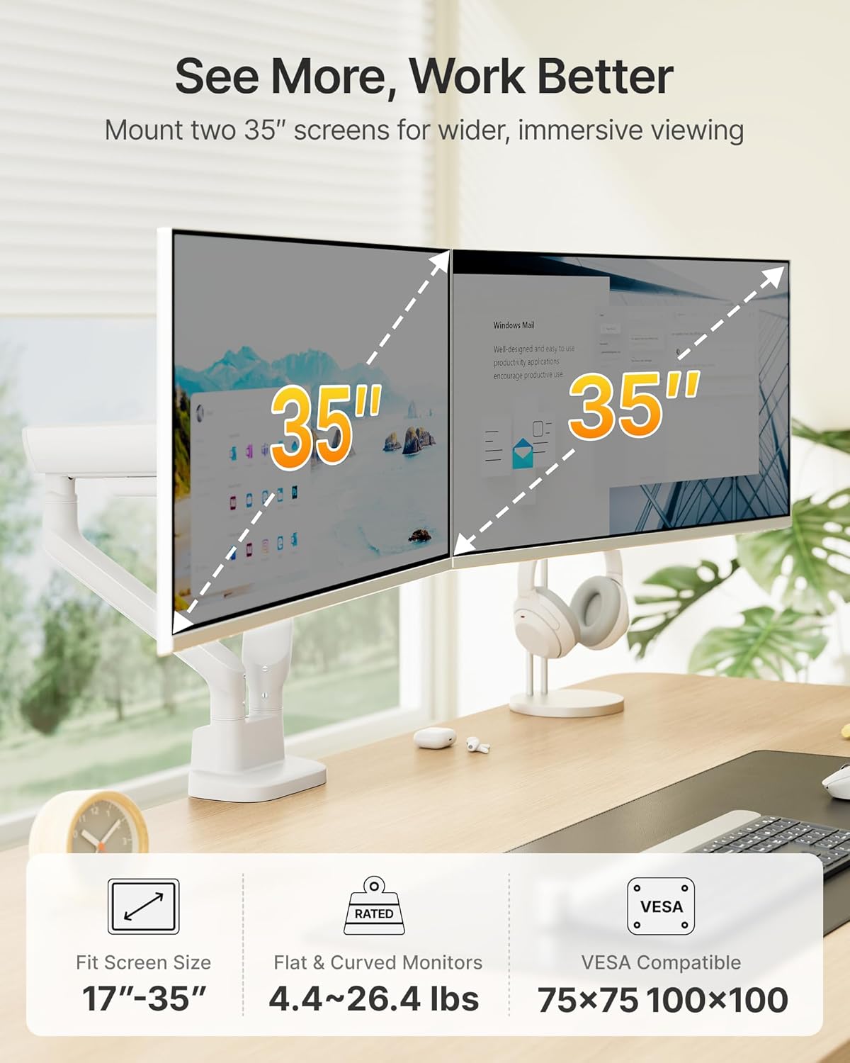 monTEK Dual Monitor Arm, Mechanical Spring Monitor Arm for 17-35" Screens, Adjustable Monitor Desk Mount Each Holds up to 26.4 lbs with C Clamp/Grommet Desk Mount, VESA 75/100mm