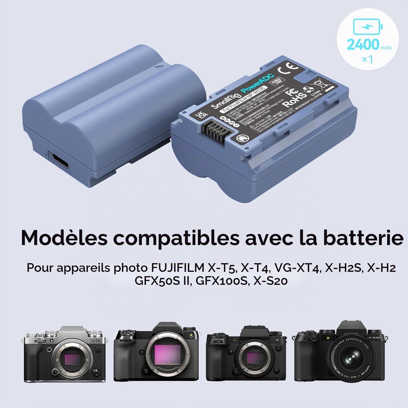 SMALLRIG NP-W235 Batterie 2400mAh pour Fujifilm XS20/X-T5/X-T4/GFX 100S, Batterie Rechargeable pour Camera avec USB-C 2.5h Charge Rapide pour Fujifilm XS20, X-T5, X-T4, X-H2S, X-H2, GFX 50S II - 4266