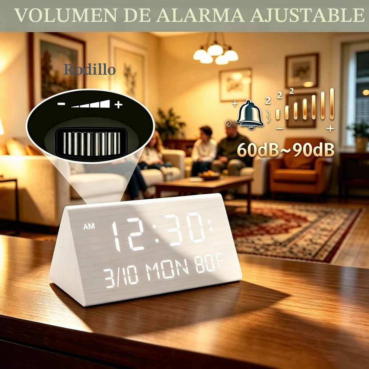 Kogonee Reloj despertador digital de madera, 0100% de brillo y volumen, detección de temperatura, fecha, modo de día de semanafin de semana, doble alarma, 9 minutos de repetición, 1224H, reloj LED