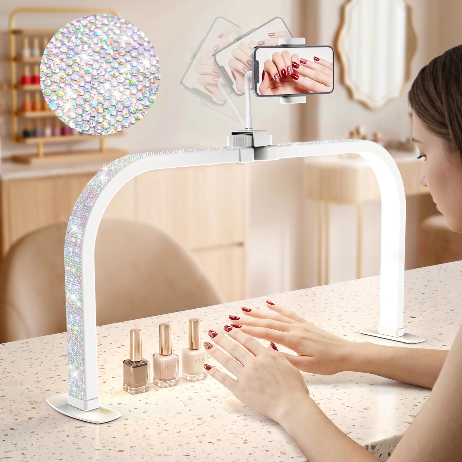 LIONVISON Halbmond Lampe 29 Zoll LED 3 Farbmodi Weiß Kristall Stil | LED Halbmondlampe mit blendarmem Licht - geeignet für Nageldesign Kosmetik und Detailarbeiten