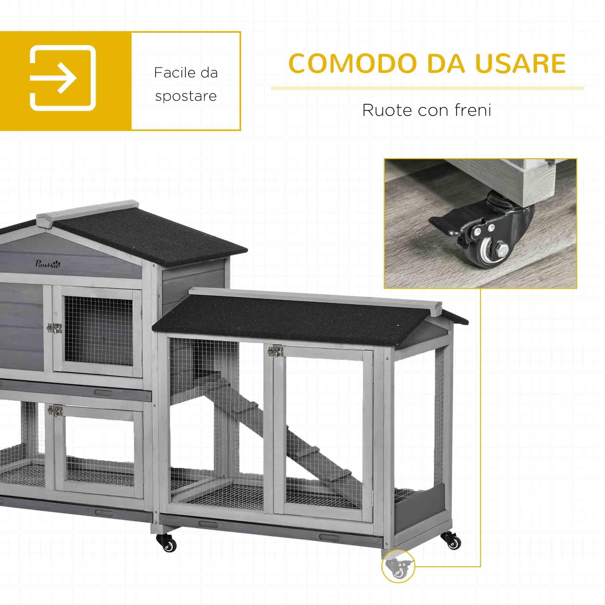 PawHut Gabbia per Conigli da Esterno con 6 Ruote, Porte Multiple, Conigliera in Legno di Abete con Rampa, Casetta per Conigli e Spazio Aperto Recintato, Grigio