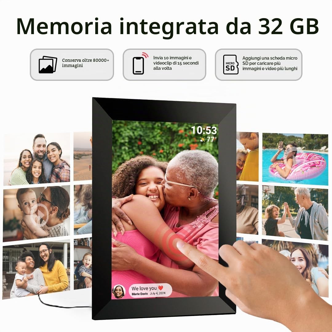Frameo - Cornice per foto digitale WiFi, 32 GB, 10,1 pollici, 1280 x 800 mm, touch screen IPS HD, rotazione automatica, 32 GB di spazio di archiviazione integrato, condividi momenti istantaneamente