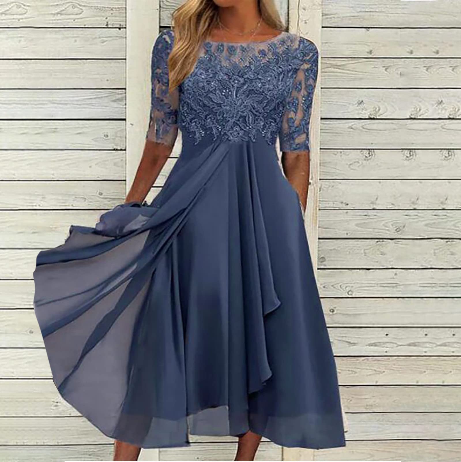 vokkrv Abito Lungo Cerimonia Elegante da Donna in Chiffon Vestiti a Manica 3/4 Tinta Unita Pieghetta Ricama Trasparante Tulle Sera Patchwork Estivi Linea ad A Oversize S-3XL