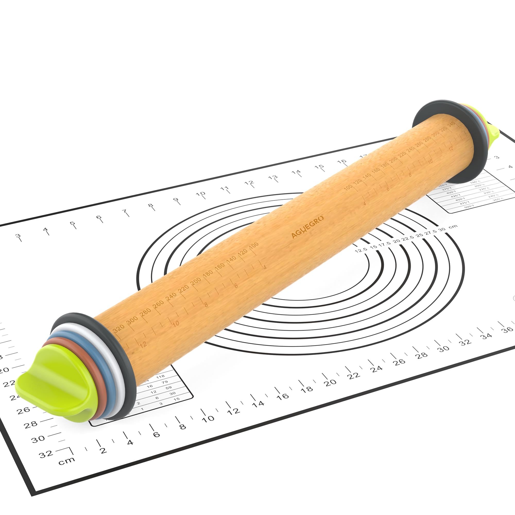 Nudelholz mit verstellbarem Dickenring und Silikon-Backmatte zum Backen, Fondant, Pizza, Kuchen, Kekse, Gebäck, 34 cm Teigroller aus Holz mit 4 mehrfarbigen Ringen