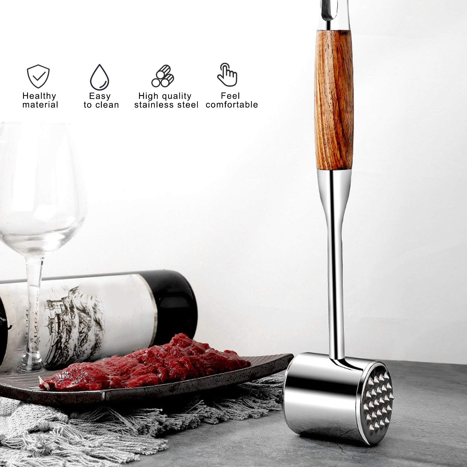 Topyond Meat Tenderizer Tool, Stainless Steel Meat Mallet, Dual Sided Hammer with Wooden Handle, Heavy Duty Meat Pounder for Beef, Chicken, Pork, Kitchen Cooking Tool