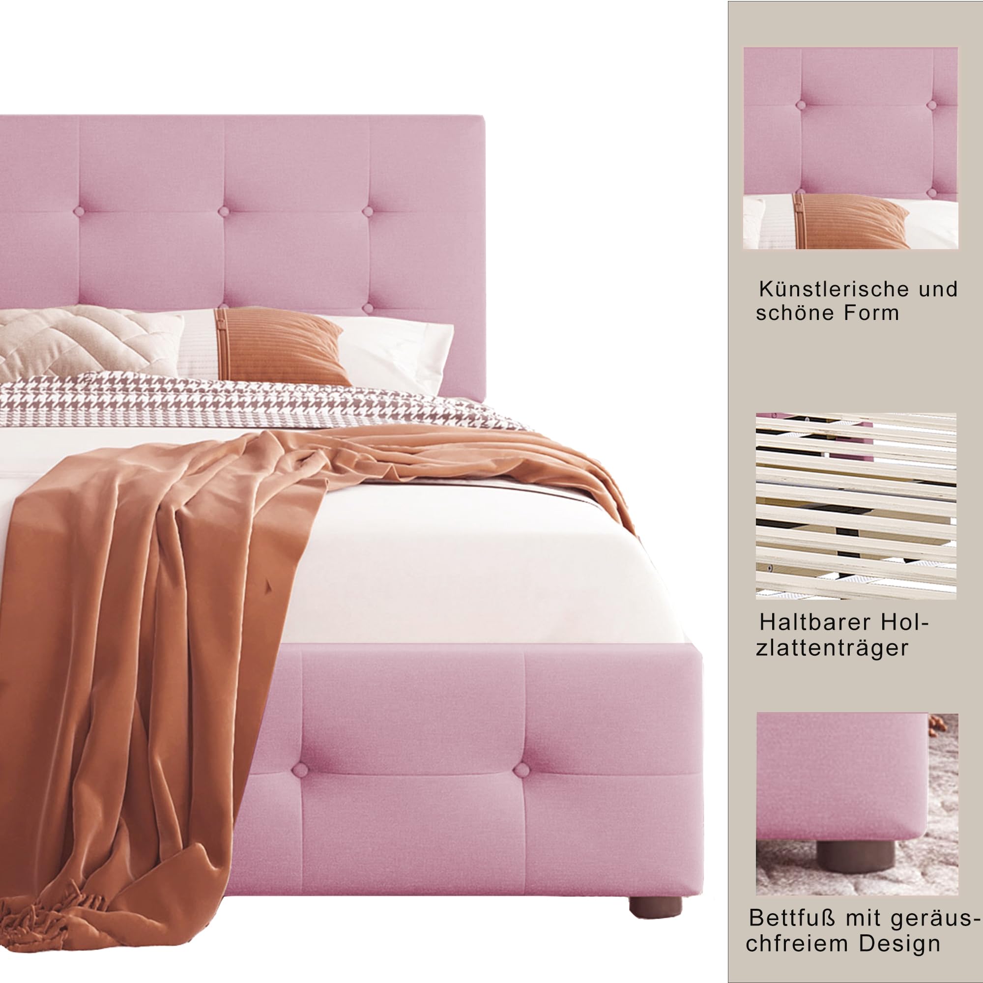 Merax Polsterbett Einzelbett mit 2 Schublade, Bett mit Lattenrost und Rückenlehne, Samtstoff, Kinderbett Jugendbett Gästebett, Stauraumbett, Schlafzimmermöbel, ohne Matratze, 90 x 200 cm, Rosa