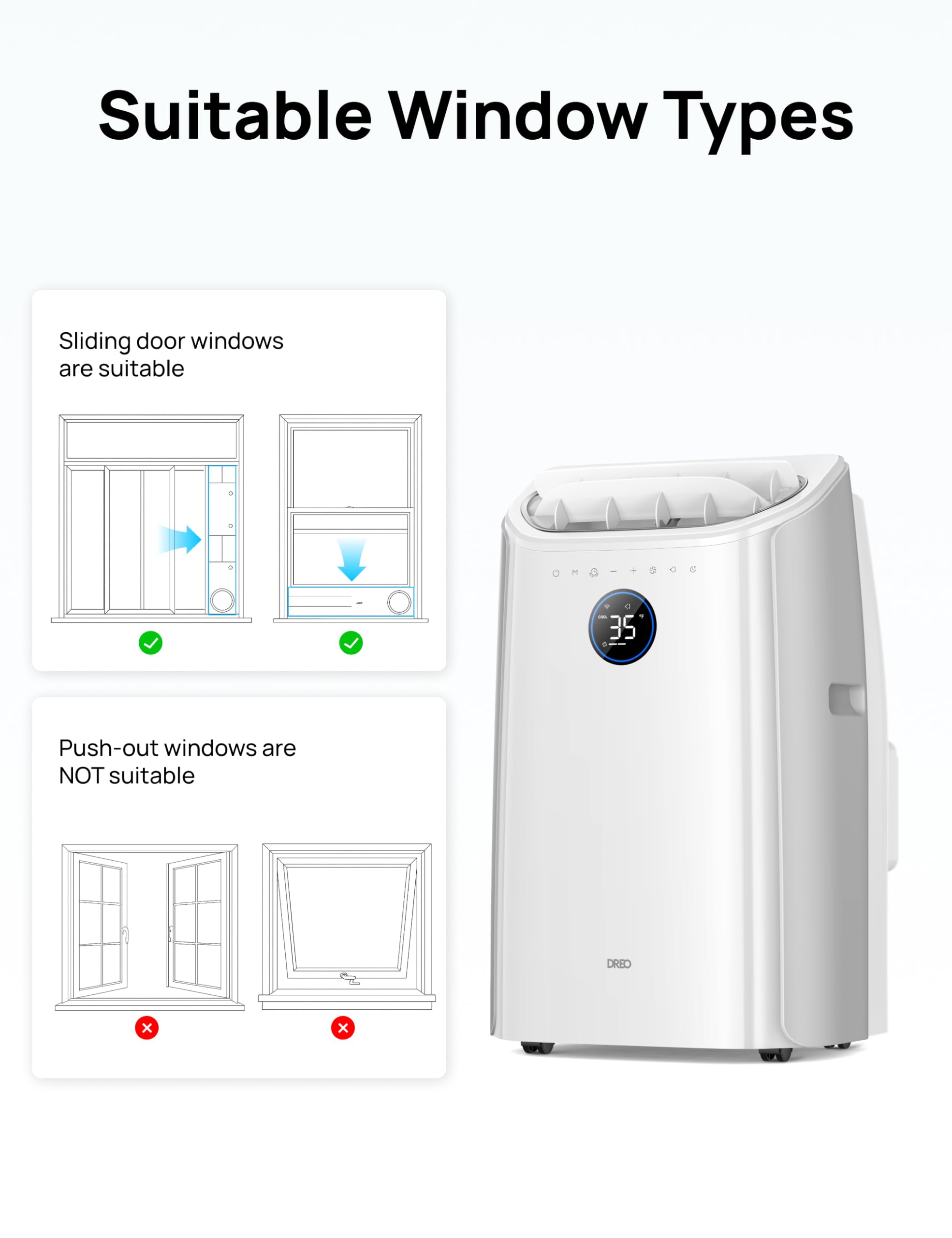 DREO climatiseur portable 10 000 BTU pour chambre, refroidissement efficace sans drainage, silencieux, contrôle par application et vocal, minuterie 24 h, ventilateur et déshumidificateur