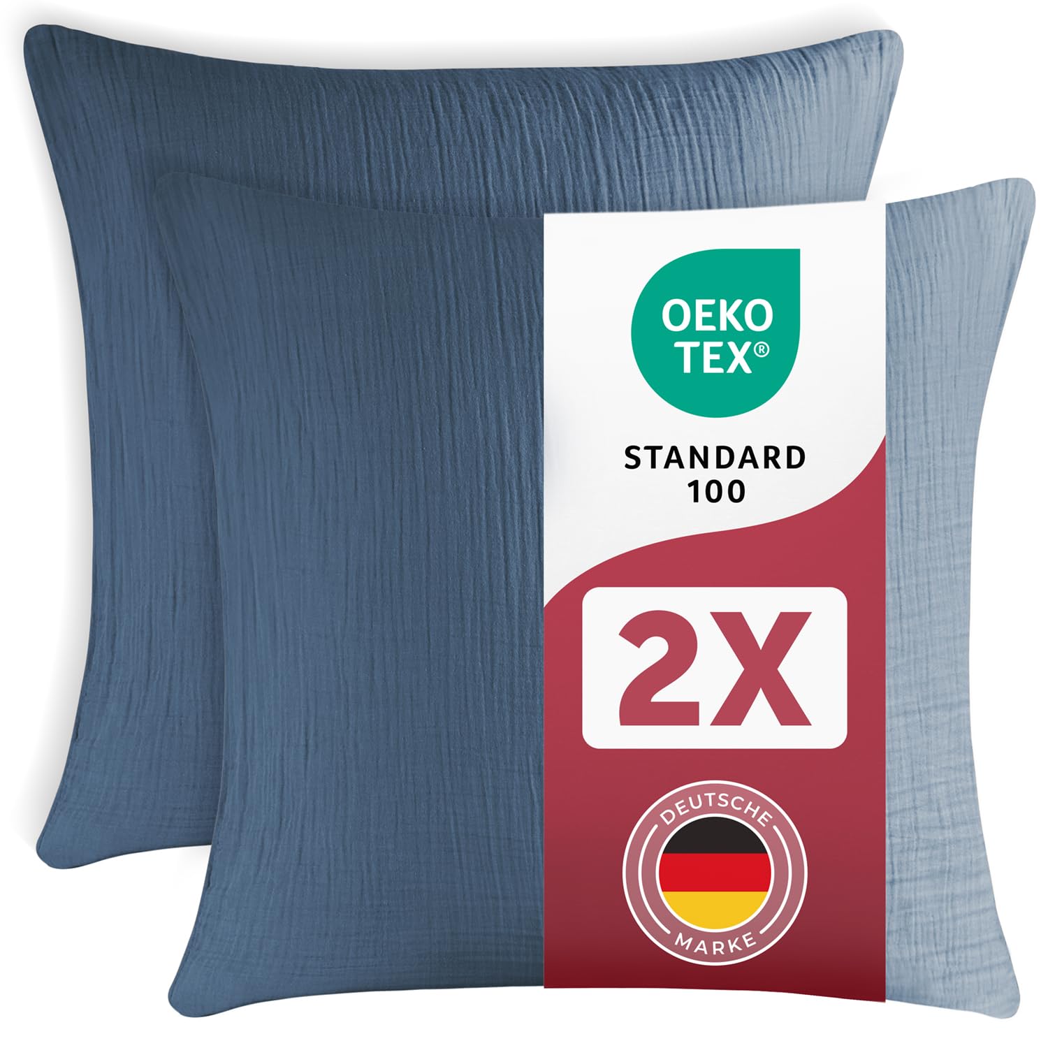 Blumtal Musselin Kissenbezug 80x80 cm 2er Set - Oeko-TEX zert. Kissenbezug Musselin aus 100% Baumwolle - extra weiches Kissen-Set waschbar bei 40 °C - atmungsaktive Sommer Kopfkissenbezüge Dunkelblau