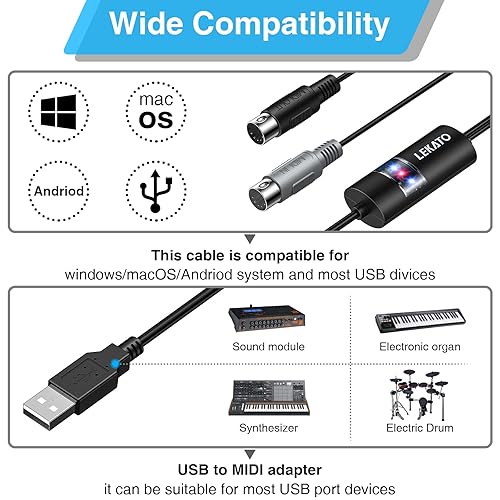 Miniatura 15 de LEKATO Cable MIDI, MIDI a USB C, interfaz MIDI tipo C con conexión de entrada y salida, teclado/sintetizador para edición de grabación, cable