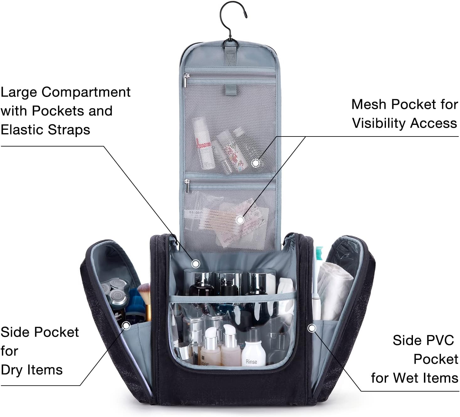 Extra Large Toiletry Bag，BAGSMART Hanging Toiletry Bag for Travel, Water-resistant Cosmetic Makeup Travel Bag, Large Capacity Travel Bag Organizer for Full Sized Toiletries, Pink : Beauty & Personal Care