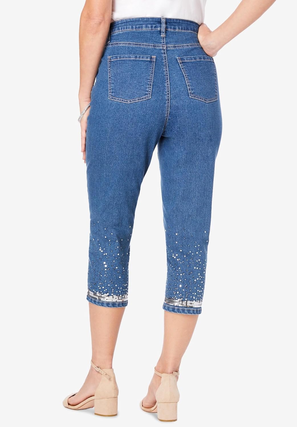 Roaman's Women's Plus Size Sequin Trim Straight Leg Capri Jean