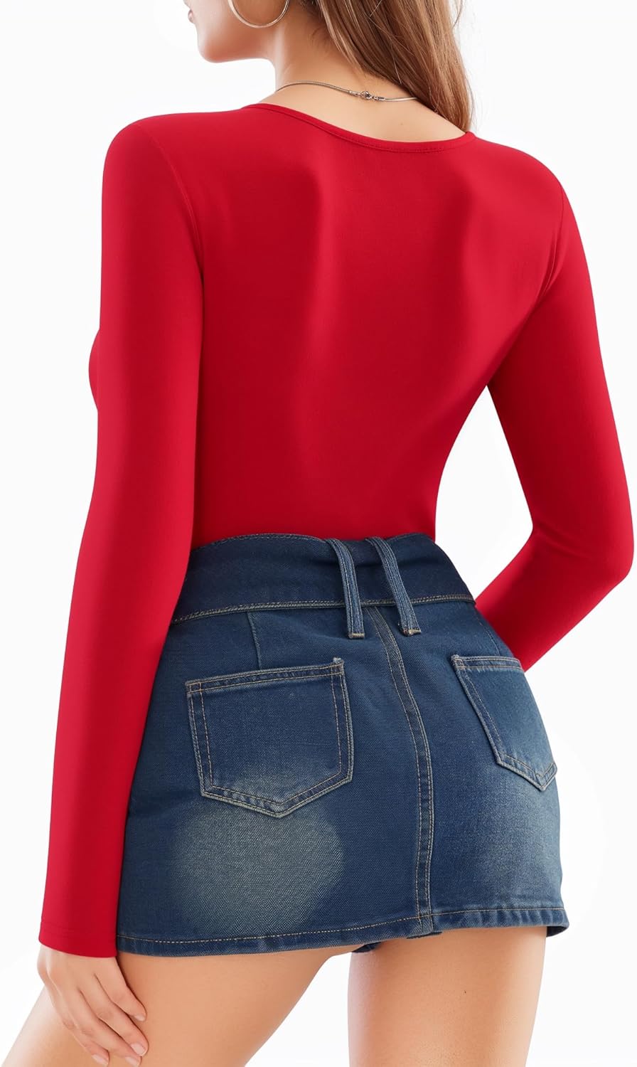 MANGOPOP Bodysuits for Women Deep V Neck Twist Knot Fitted Long Sleeve Bodysuit Basic Tops Casual T Shirts, Red, Large - Image 3