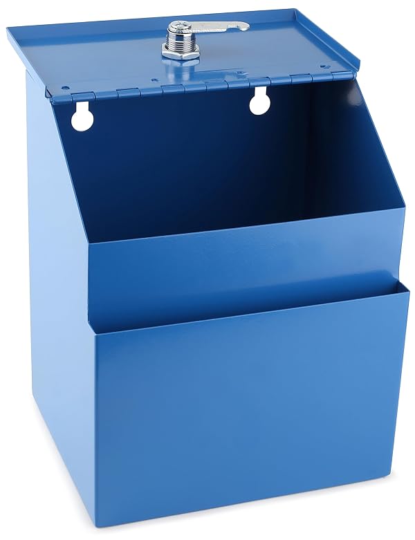 Suggestion Box with Lock and keys, Metal Wall Mounted Ballot Box, Iron steel Donation and Collection Drop Box 8.5" H x 6" W x 7" L with wide 5.5" Slot and front sheet holder (Blue) by My Charity Boxes - Image 3