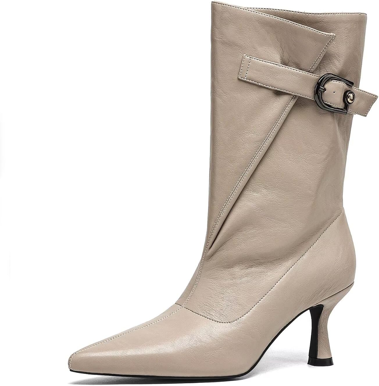 Mid Calf Boots for Women with Kitten Heel - Pointed Toe Wide Calf Slip On Boots, Metal Buckle Kitten Heels Boots for Women, Stylish Pointy Boots for Women for Autumn Winter
