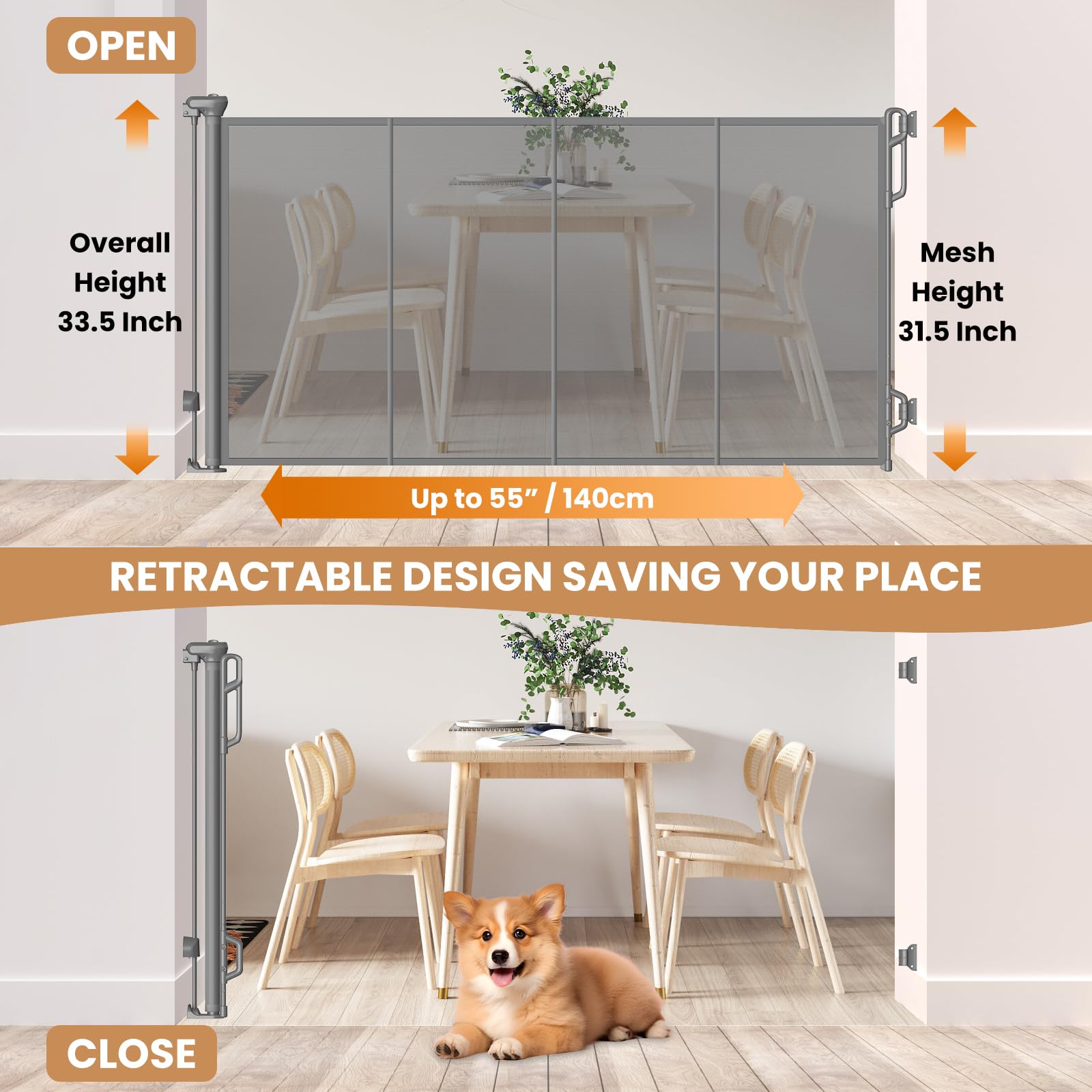 SPACEANY Reinforced Retractable Baby Gate, Mesh Dog Gate, Child Safety Gate for Doorways, Stairs, Hallways, Indoor/Outdoor, Wide Openings -33.5