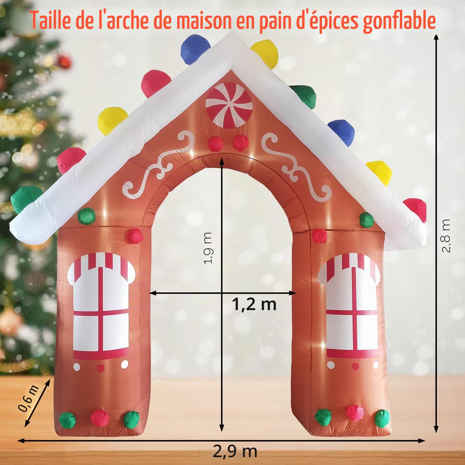 Arche de Noël Gonflable de 10 Pieds, décorations d'extérieur en Forme de Maison en Pain d'épices, Arche de Noël géante, décorations de Jardin gonflables avec lumières LED intégrées