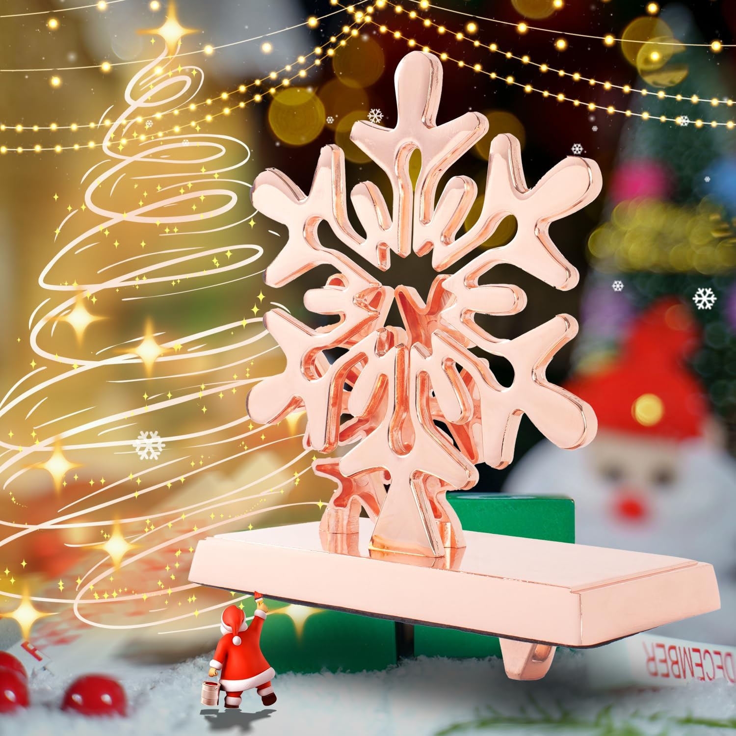 Christmas Stocking Holders for Mantel Set of 4, Stocking Hangers Reindeer Snowman Christmas Tree Snowflake Metal for Fireplace Mantel Holiday Christmas Decorations Stocking Hanger Hook - Rose Gold