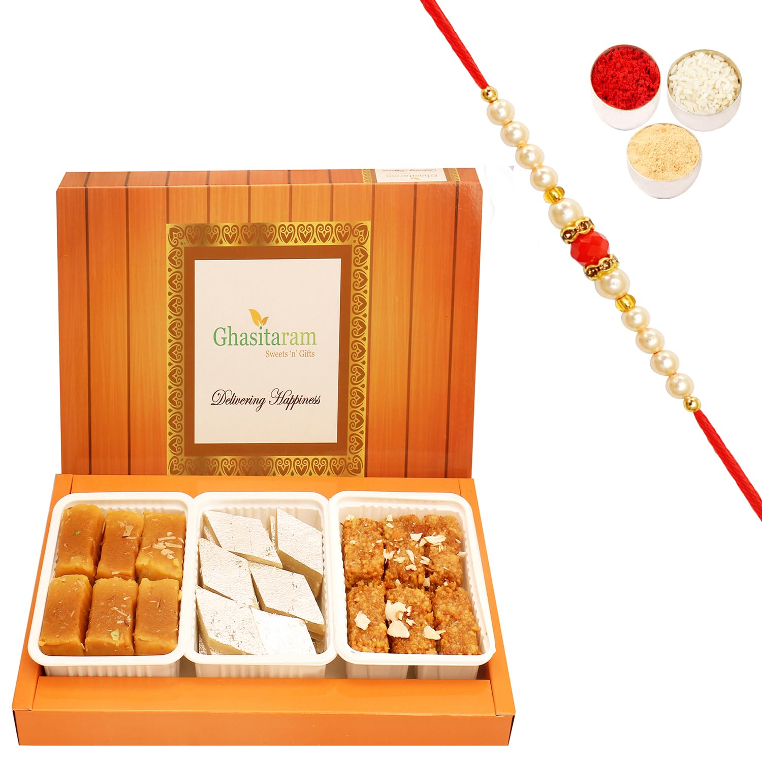 Ghasitaram Gifts Rakhi Gifts for Brothers Rakhi Sweets - Assorted Box of Kaju Katli Milk Cake and Soft Mysore Pak with Pearl Beads Rakhi