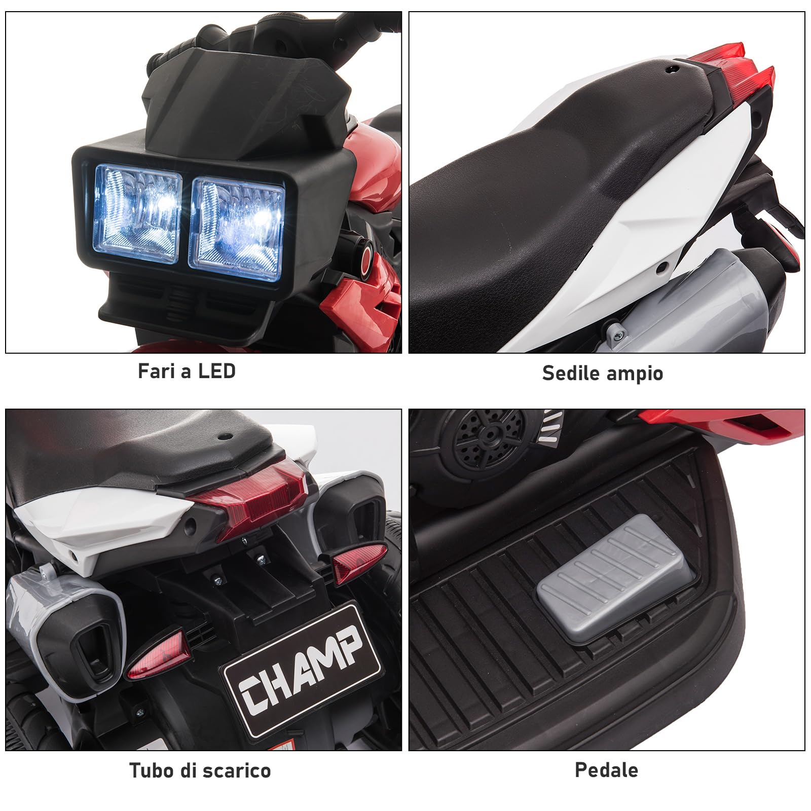 HOMCOM Moto Elettrica per Bambini 3-5 Anni 6V (max. 25kg), Velocità 3km/h, Motorino Elettrica per Bimbi con 3 Ruote, Luci e Suoni, Rosso, 86x42x52cm
