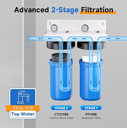 Miniatura 2 de PUREPLUS Sistema de filtración de agua de 2 etapas para toda la casa, carcasa universal de 10 x 4.5 pulgadas, filtros de sedimentos y bloques de