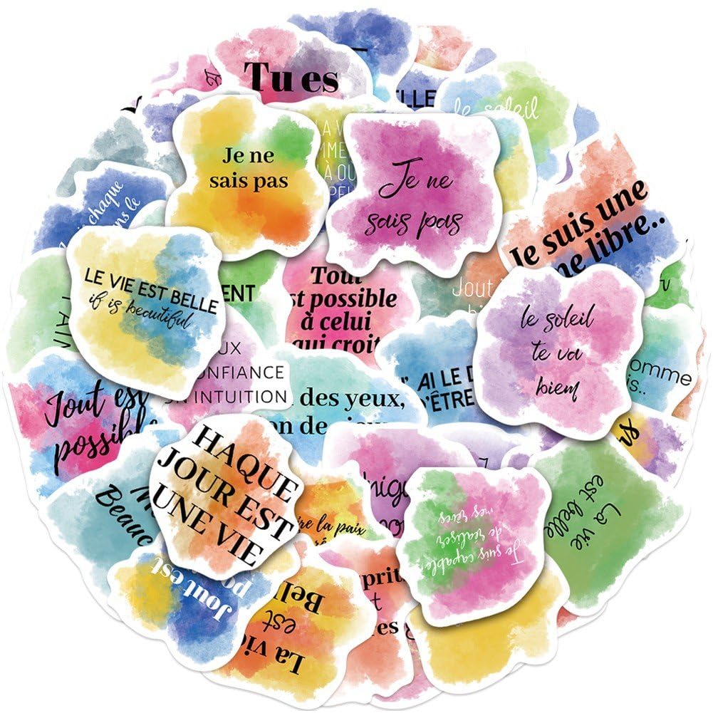 Fituenly 50pcs French Inspirational Watercolor Graffiti Stickers, Waterproof Decals for Water Bottles, Laptops, Suitcases