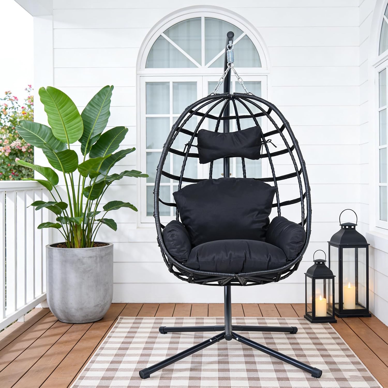 Egg Chair Outdoor with Stand, Indoor Wicker Hanging Egg Swing Chair with Cushion & Headrest, 350lbs Capacity for Patio, Bedroom (Black Frame + Black Cushion)