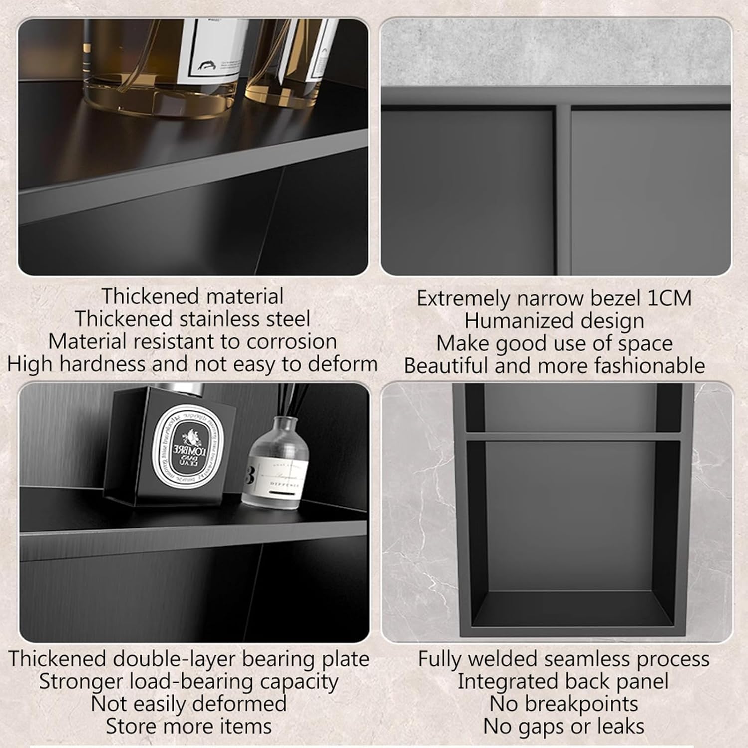 ステンレススチール製シャワーニッチ、ダブルシェルフ、埋め込み式シャワーシェルフ、タイル不要、バスルーム収納用スクエアウォールニッチ、