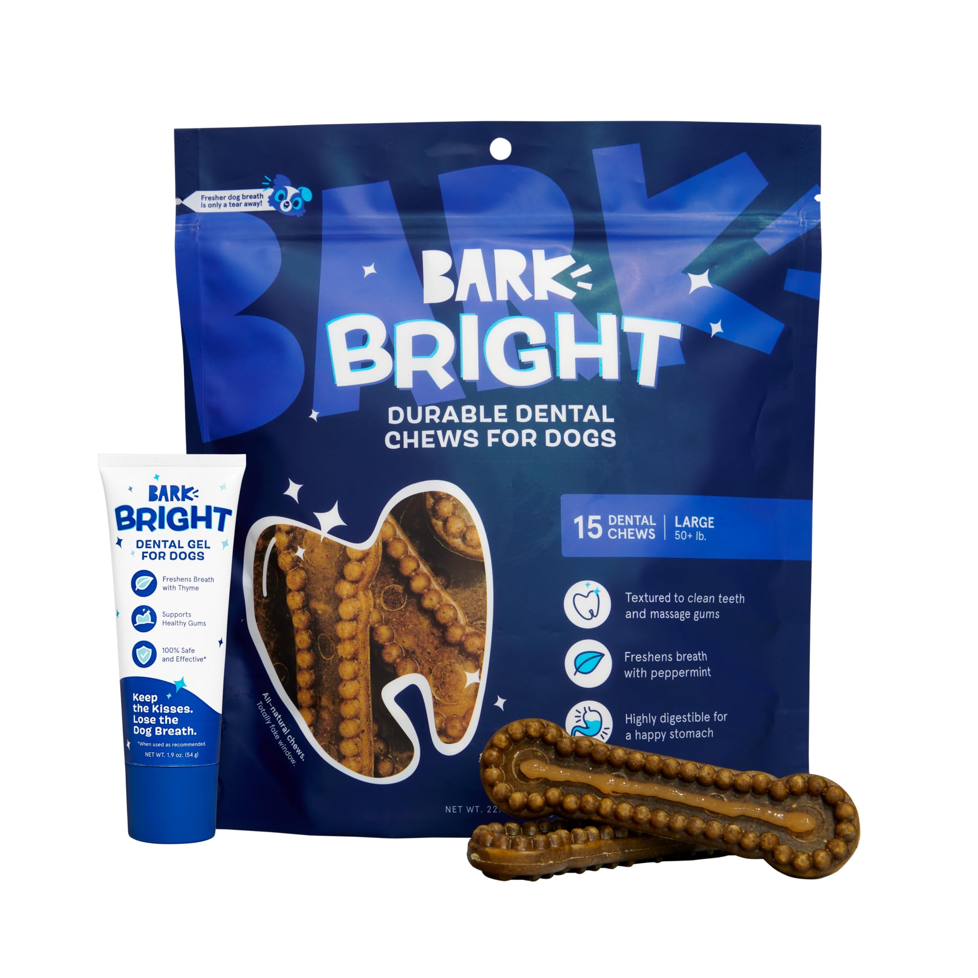 Barkbox Bright Durable Dog Dental Kit for Tough Chewers, 15 Chew Sticks & Toothpaste - Large Breeds