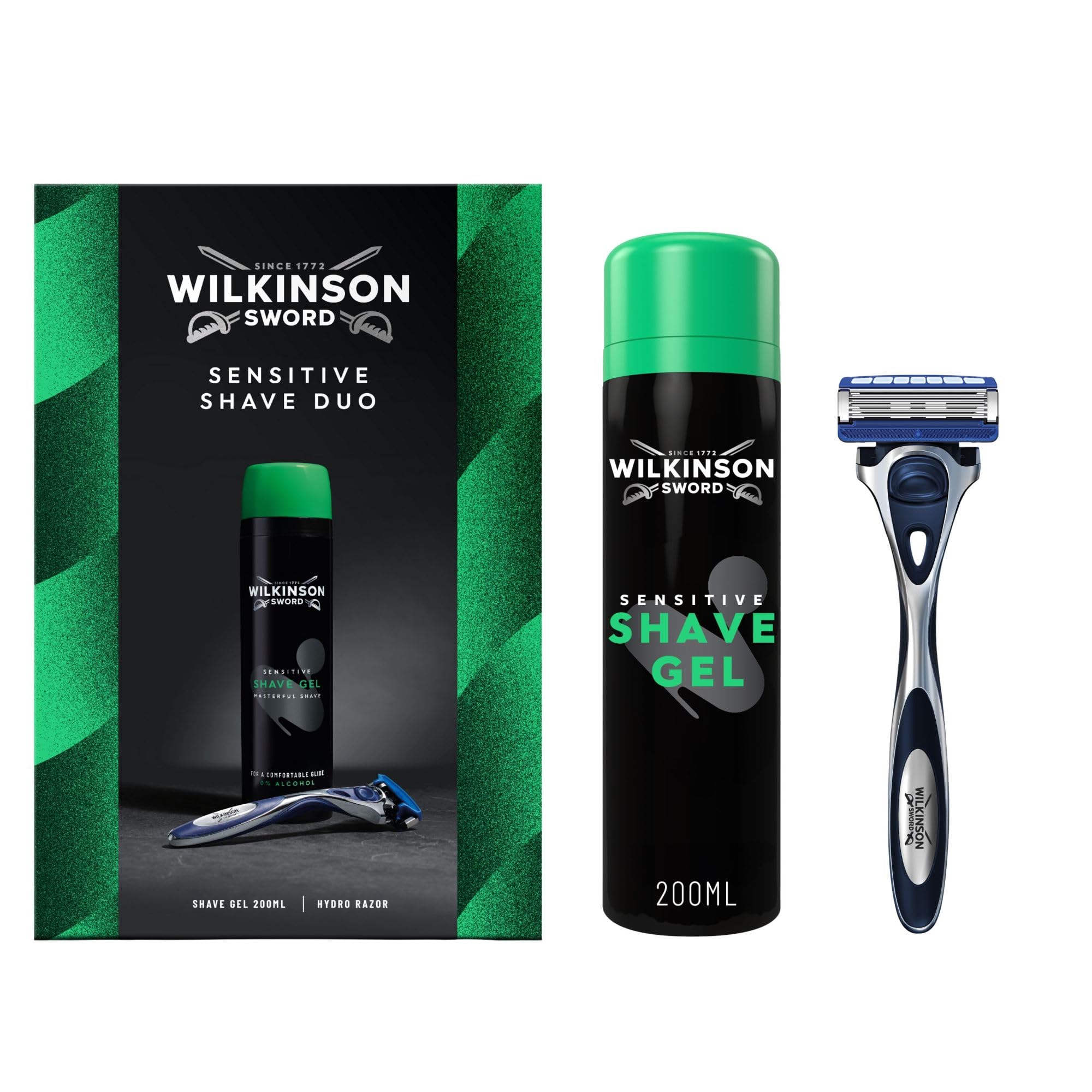 Wilkinson Sword Sensitive Shave Duo Gift Set for Men. Hydro 5 Razor, Sensitive Shave Gel 200ml, Shave Regime Set for Men