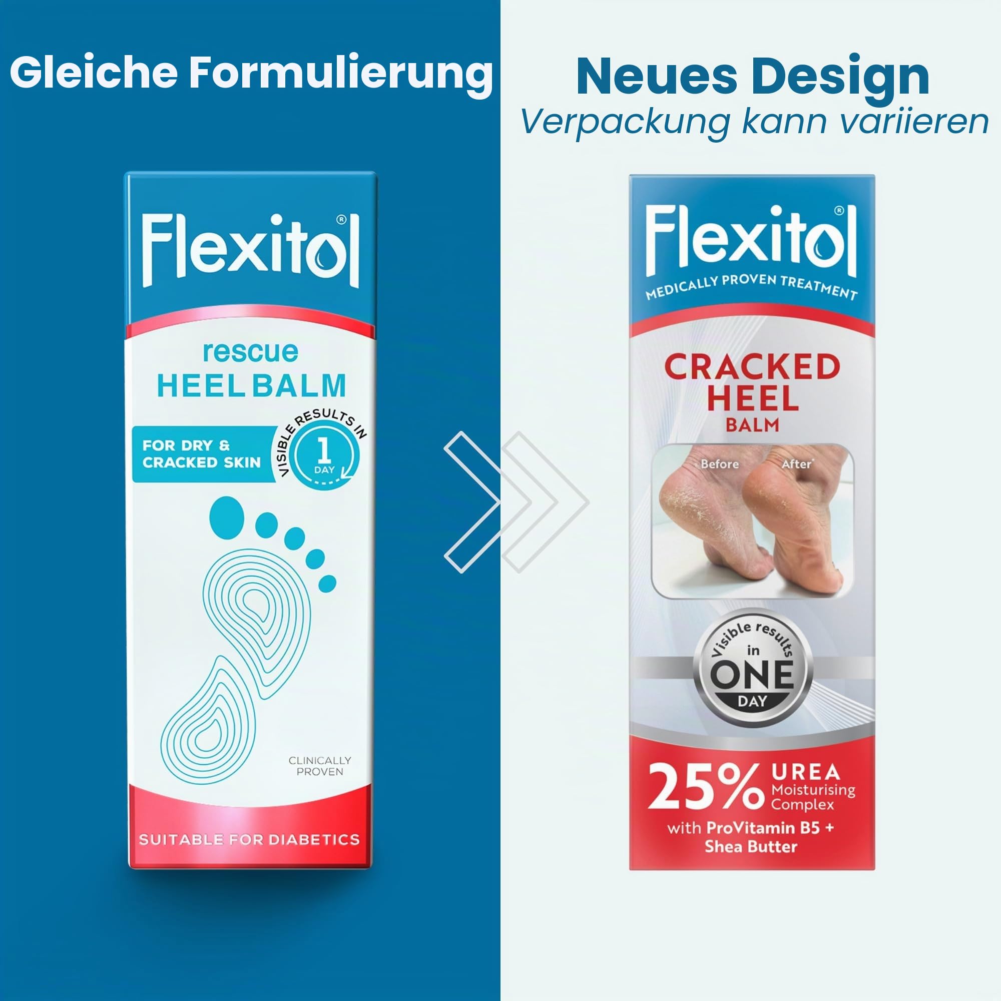 Flexitol Rissiger Fersenbalsam, Sichtbare Ergebnisse in 1 Tag, Für extrem trockene Füße & rissige Fersen, Entfernt harte Haut, 25% Urea, medizinisch bewährte Fußcreme, Diabetiker geeignet, 1 x 56 g
