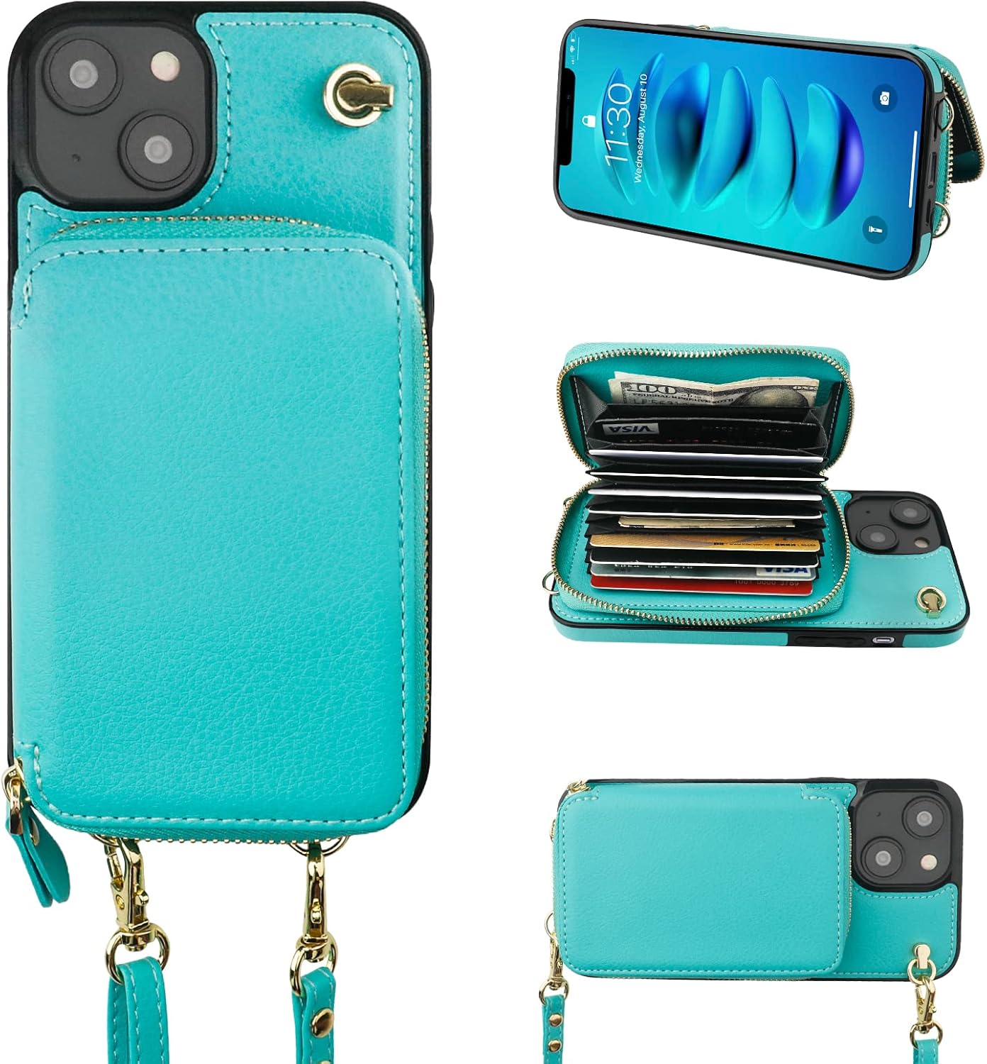 Bocasal Crossbody Wallet Case for iPhone 14 Plus, RFID Blocking Leather Purse Case with Card Holder, Protective Handbag Flip Cover with Zipper Wrist Strap Lanyard for Women 5G 6.7 Inch (Mint Green)