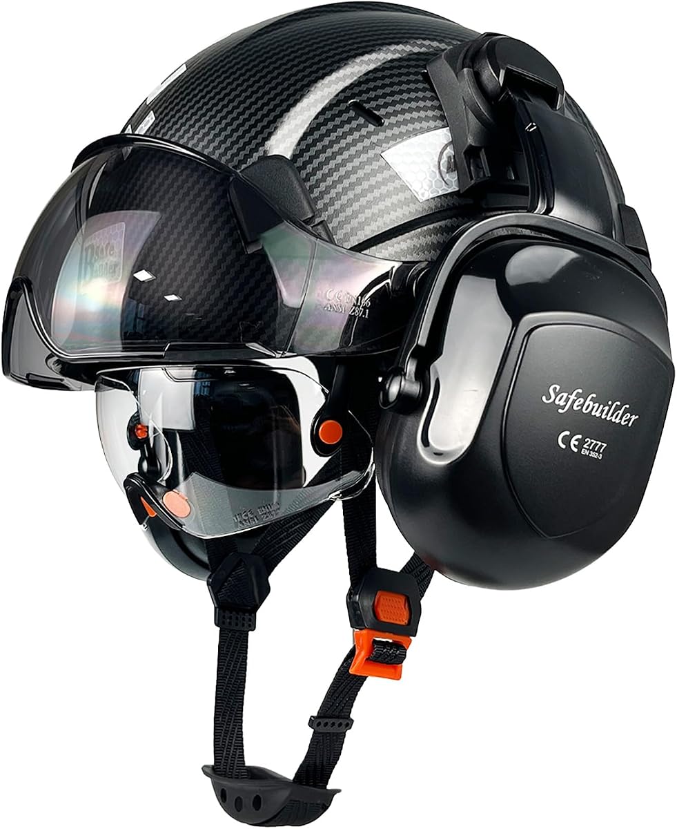 SAFEBUILDER Safety Helmet With Goggles Ear Muffs Work at Hight Carbon Fiber Abs Hard Hats For Industrial Construction Head Protection ANSI Z89.1 Approve (01-Matte Black+Clear&Tinted Goggle+B07Earmuff)