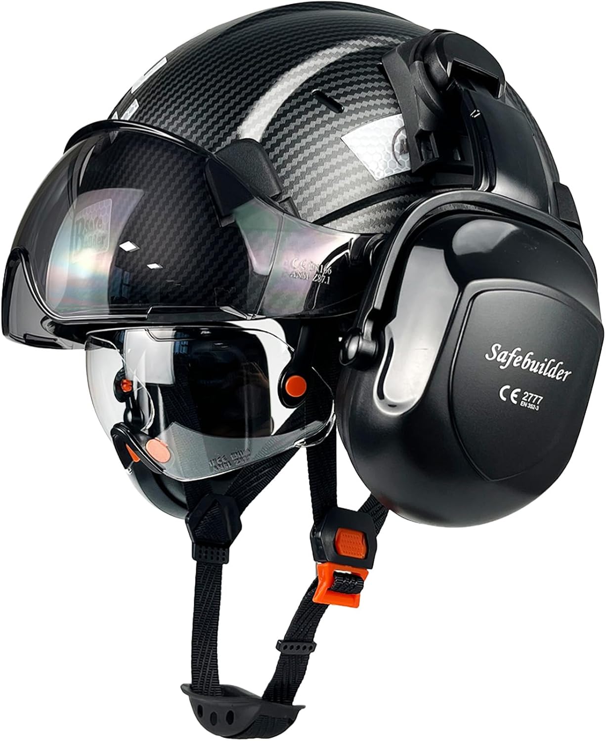 Safety Helmet With Goggles Ear Muffs Work at Hight Carbon Fiber Abs Hard Hats For Industrial Construction Head Protection ANSI Z89.1 Approve (01-Matte Black+Clear&Tinted Goggle+B07Earmuff)