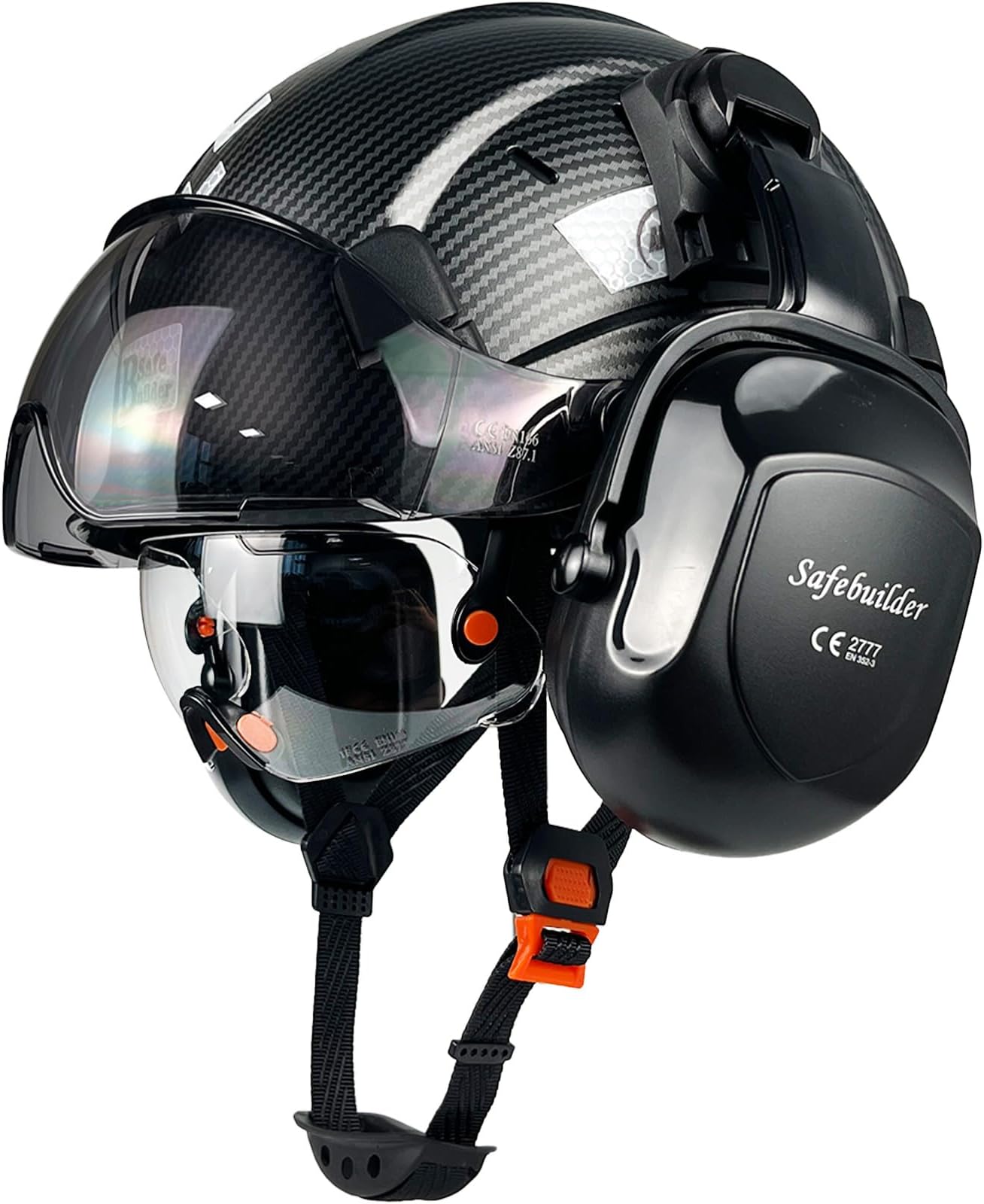SAFEBUILDER Safety Helmet With Goggles Ear Muffs Work at Hight Carbon Fiber Abs Hard Hats For Industrial Construction Head Protection ANSI Z89.1 Approve (01-Matte Black+Clear&Tinted Goggle+B07Earmuff)