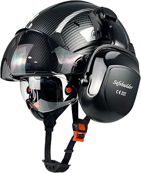 SAFEBUILDER Safety Helmet With Goggles Ear Muffs Work at Hight Carbon Fiber Abs Hard Hats For Industrial Construction Head Protection ANSI Z89.1 Approve 01-Matte Black+Clear&Tinted Goggle+B07Earmuff