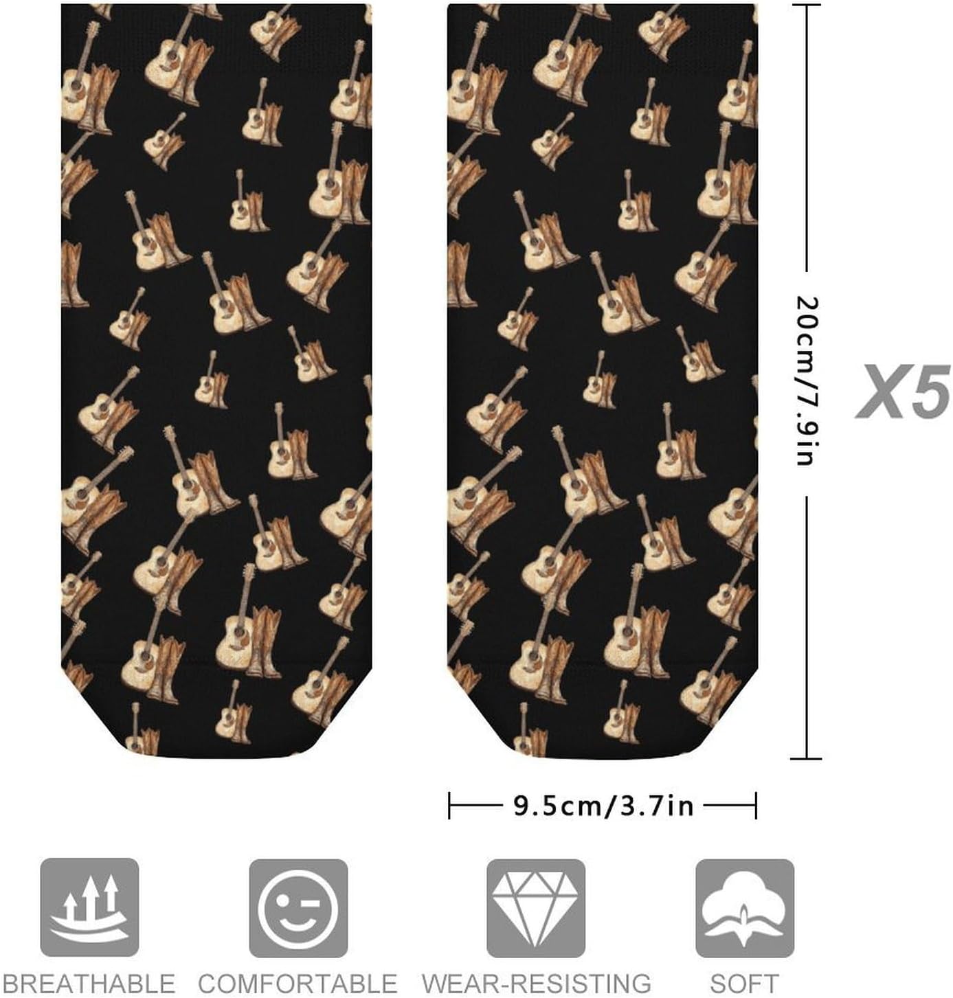 Guitar And Boots 5 Pairs Low Cut Ankle Socks Casual Liner Sock No Show Invisible Socks for Men Women