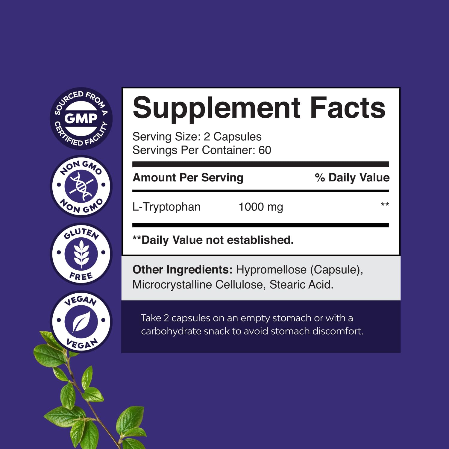 L-Tryptophan Capsules 1000mg per Serving - L-Tryptophan Supplement for Sleep, Promotes Relaxation & Emotional Well-Being for Women & Men - Mood Support Supplement for Adults - 120 Count (2 Pack)