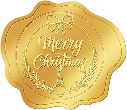 300 Pcs Gold Christmas Envelope Seal Stickers Embossed Foil, Merry Christmas Stickers for Envelope Sealing, Christmas Sticker for Cards Making Invitation Gift Packaging Crafts Xmas Party Favor Decor