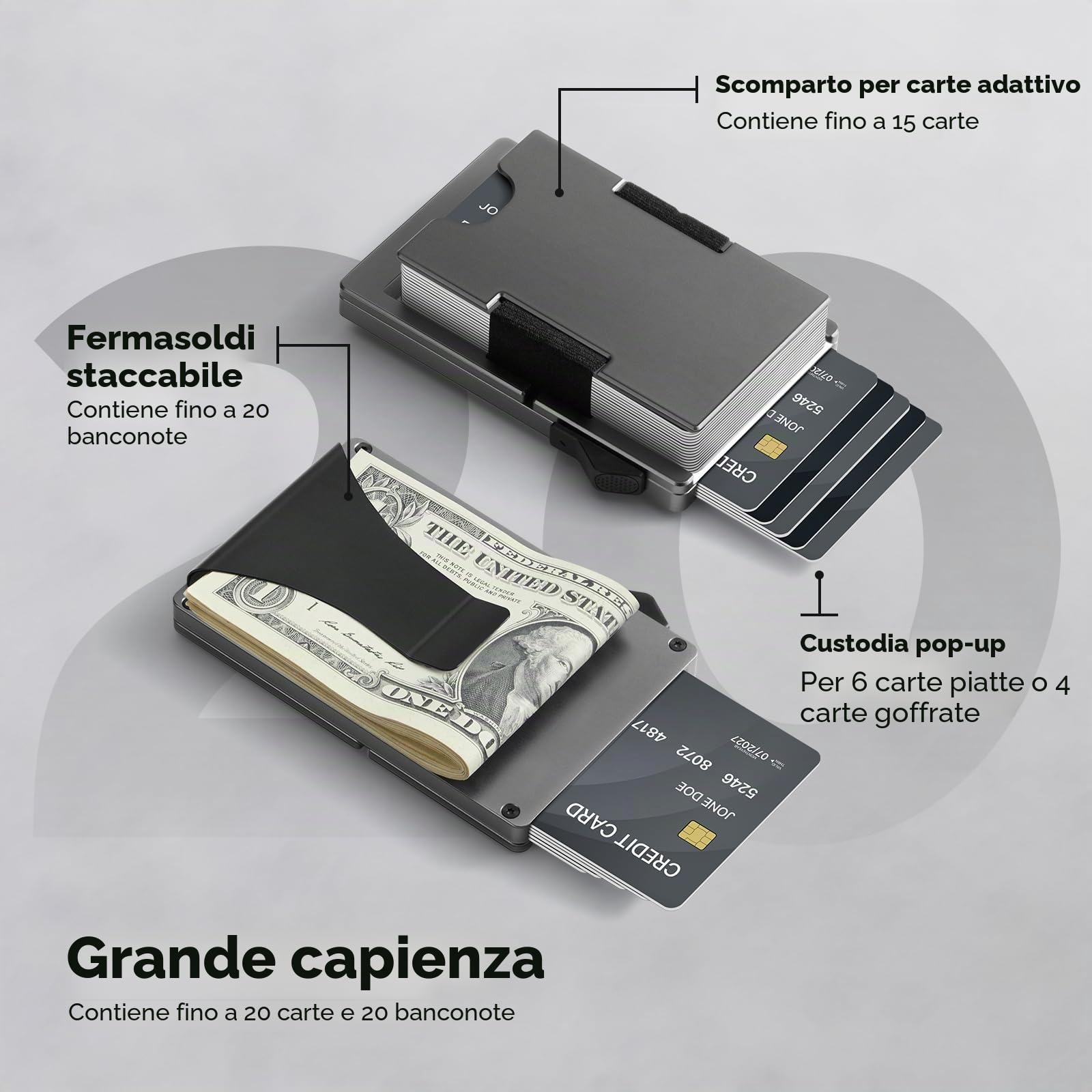 Fermasoldi in Metallo Uomo per 10-20 Carte e 20 Banconote, Porta Carte di Credito Pop-up con Blocco RFID, Grigio