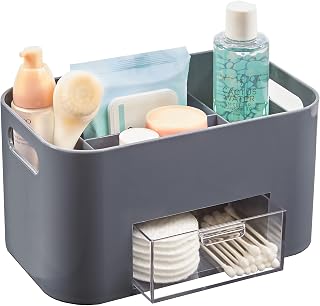 STORi Bliss 4-Compartment Plastic Vanity Organizer with Small Accessory Drawer in Classic Grey | Rectangular Makeup, Skincare, & Cosmetic Storage Bin with Pass-Through Handles | Made in USA
